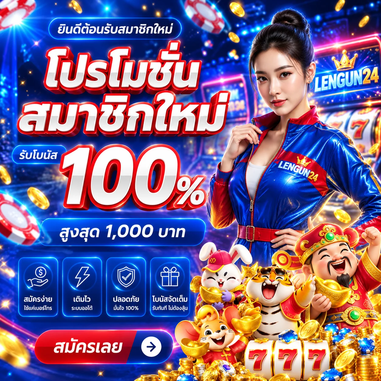 ภาพ LENGUN24 ทดลองเล่น โทนน้ำเงินทอง พร้อมตัวละคร PG Soft