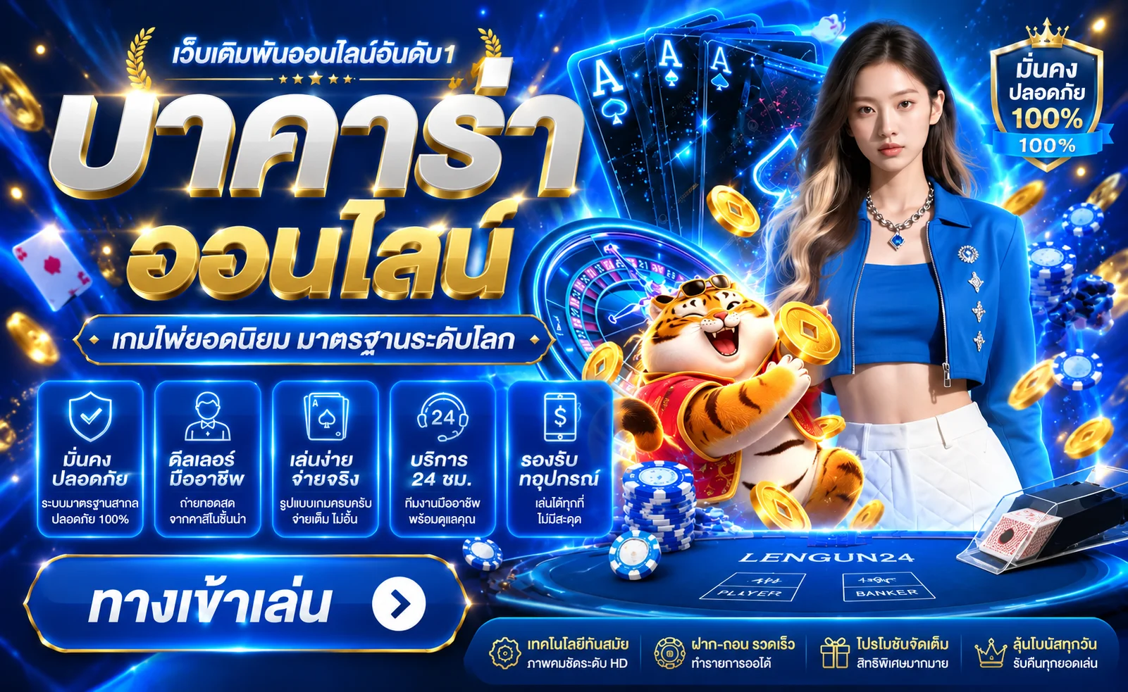 ภาพ LENGUN24 คาสิโน โทนน้ำเงินทอง พร้อมตัวละคร PG Soft