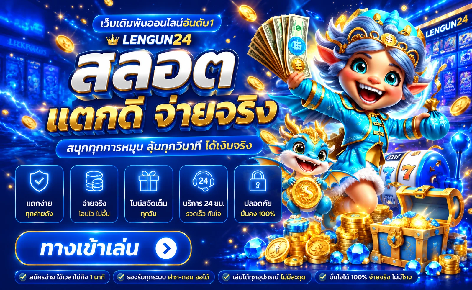 ภาพ LENGUN24 สล็อต โทนน้ำเงินทอง พร้อมตัวละคร PG Soft