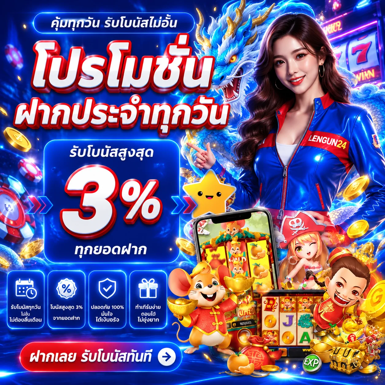 ภาพ LENGUN24 ทดลองเล่น โทนน้ำเงินทอง พร้อมตัวละคร PG Soft
